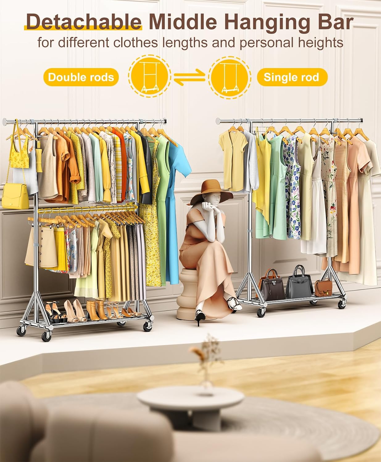 Upgraded 100% Stainless Steel Clothing Rack Load 760LBS, Heavy Duty Clothes Racks with Larger & Sturdy Wheel, Extendable & Adjustable Rolling Garment with Shelves for Hanging Portable Closet Rack