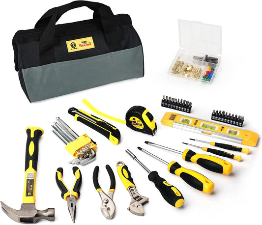 142 PCS Tool Set, Home Repairing Tool Kit with 13-Inch Wide Mouth Open Storage Tool Bag, Portable Home Tool Kit Including Hammer, Screwdriver, and Household Tools