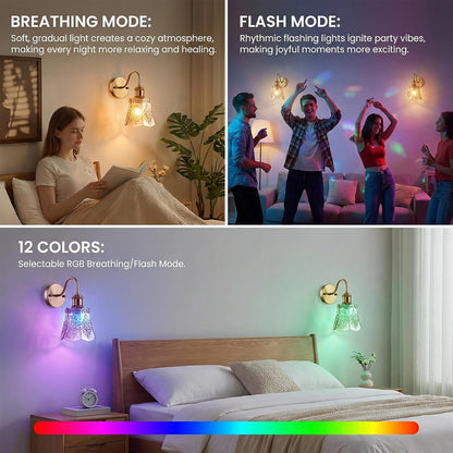 YUNICE Rechargeable Wall Sconces Set of 2 Battery Operated Wall Sconce with Remote Control Dimmable Cordless Wall Lamp with Amber Glass Lampshade Antique Brass Wall Lights for Bedroom Living Room