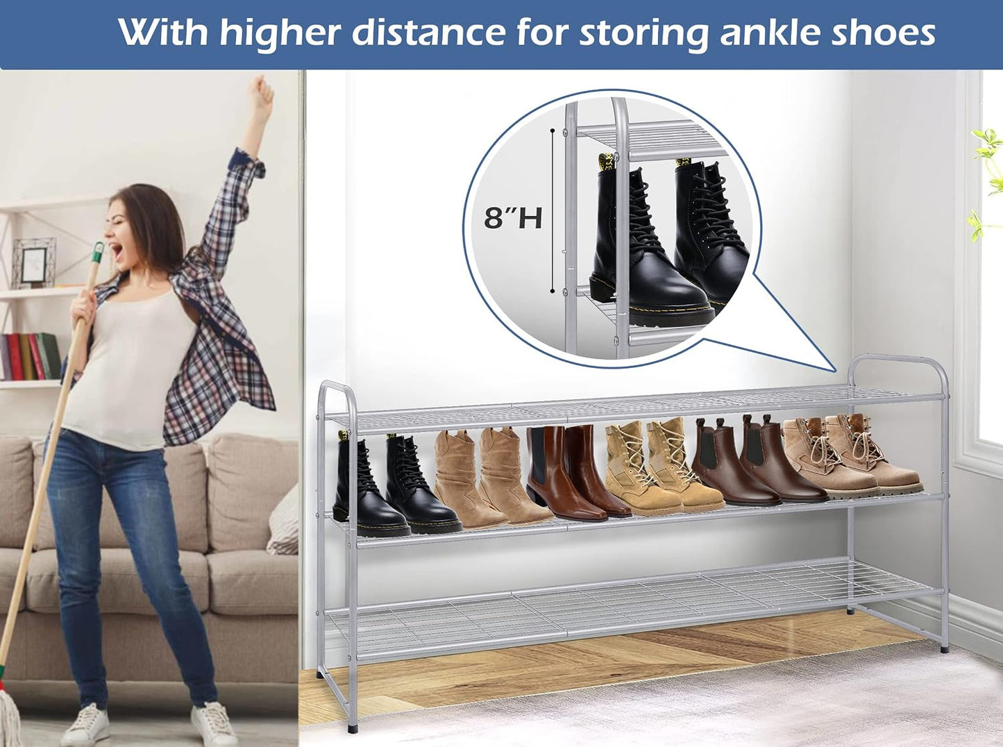 KEETDY 3-Tier Long Shoe Rack for Closet Metal Shoe Organizer for Entryway, Wide Stackable Shoe Storage Shelf with Sturdy Wire Grid for Closet Floor, Bedroom, Black