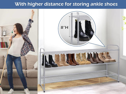 KEETDY 3-Tier Long Shoe Rack for Closet Metal Shoe Organizer for Entryway, Wide Stackable Shoe Storage Shelf with Sturdy Wire Grid for Closet Floor, Bedroom, Black