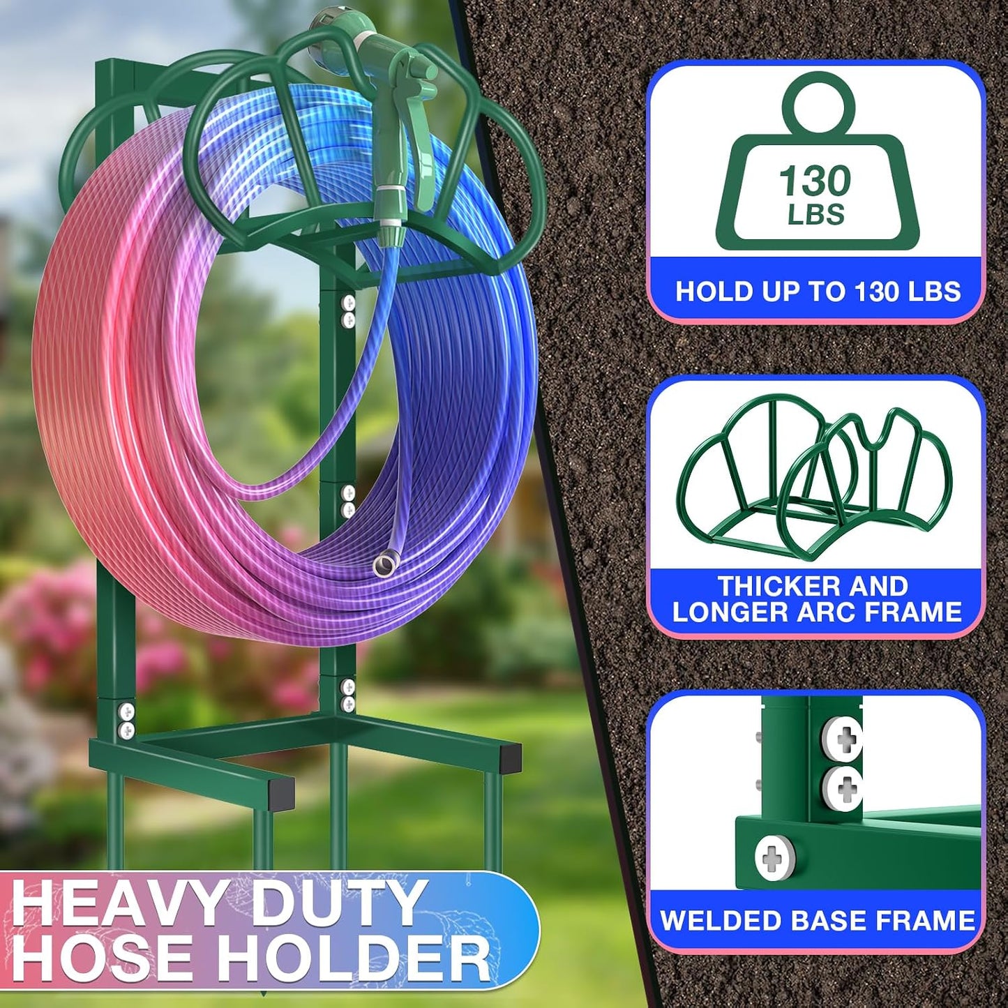 Qatsrin New Garden Hose Holder, Super Stable Water Hose Holders Stand Holds 160-Feet Hose, Rustproof Freestanding Hose Storage Hanger Rack for Outside Yard Lawn Farm, Black