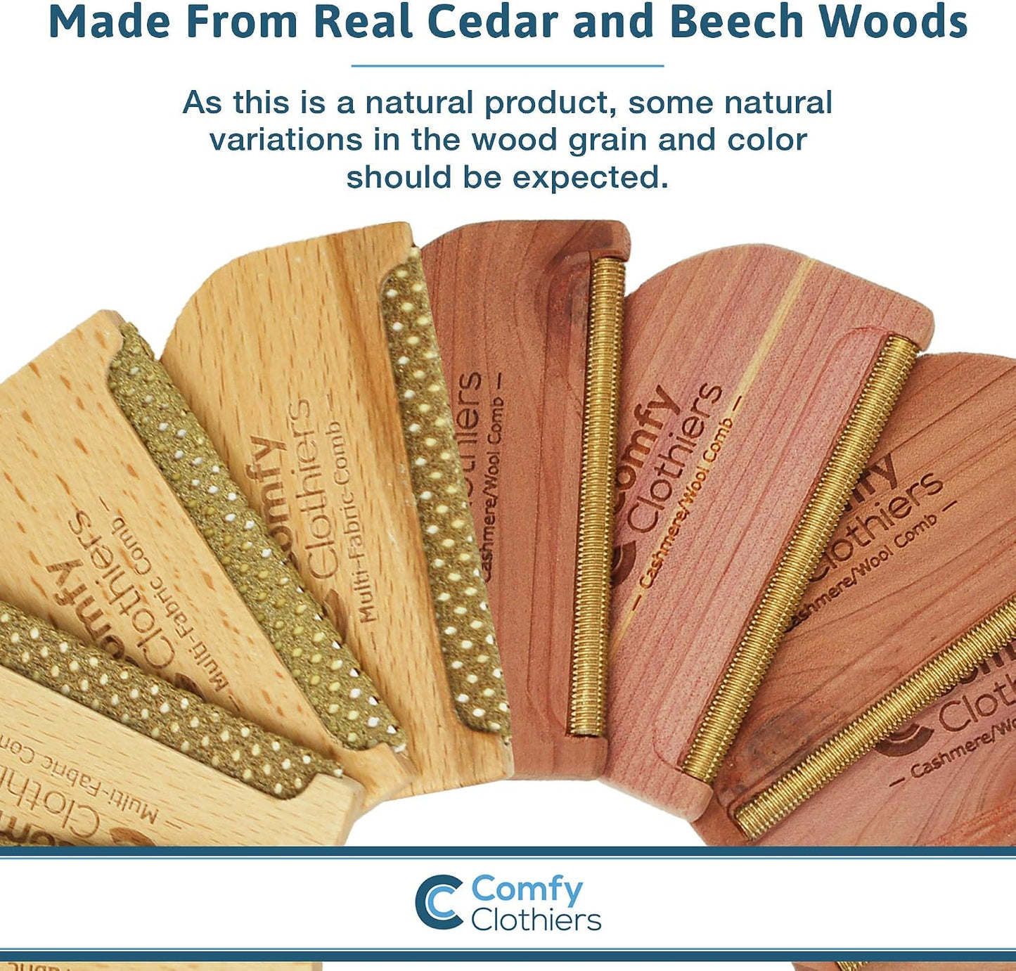 Comfy Clothiers Cedar Wood Cashmere Comb & Beech Wood Sweater Shaver Comb Combo Pack (One of Each Type) – Multi-Fabric Shaver Removes Pills, Fuzz and Lint from Garments