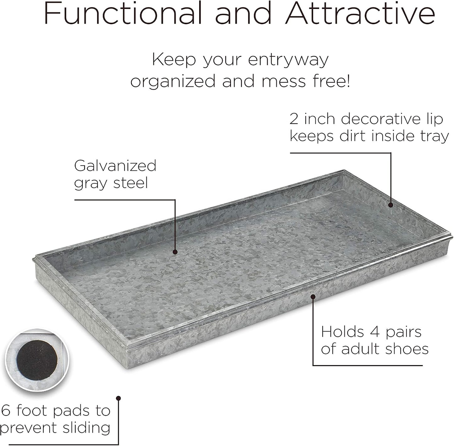 Good Directions Medium Boot Tray, Double Circles Multi-Purpose All Weather Decorative Tray, Shoes, Plants, Pet Bowls, 30x13x2 Inch, Dark Zinc Gray Steel