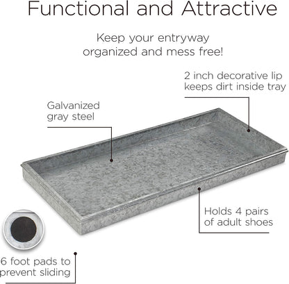 Good Directions Medium Boot Tray, Double Circles Multi-Purpose All Weather Decorative Tray, Shoes, Plants, Pet Bowls, 30x13x2 Inch, Dark Zinc Gray Steel