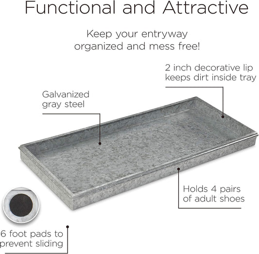 Good Directions Medium Boot Tray, Double Circles Multi-Purpose All Weather Decorative Tray, Shoes, Plants, Pet Bowls, 30x13x2 Inch, Dark Zinc Gray Steel