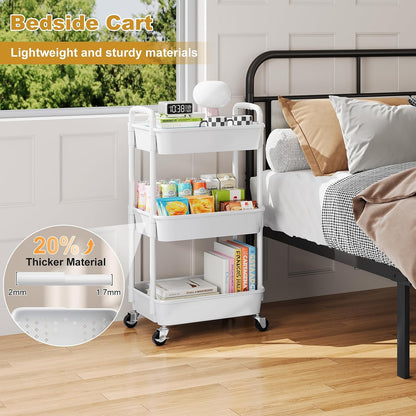 3 Tier Rolling Cart with Wheels, White Plastic Three Tiered Roller Shelf Cart on Lockable Wheels, Small Utility Storage Organzier Carts for Craft, Art, Baby Diaper Caddy, Snack, Dorm, Kitchen,Bathroom