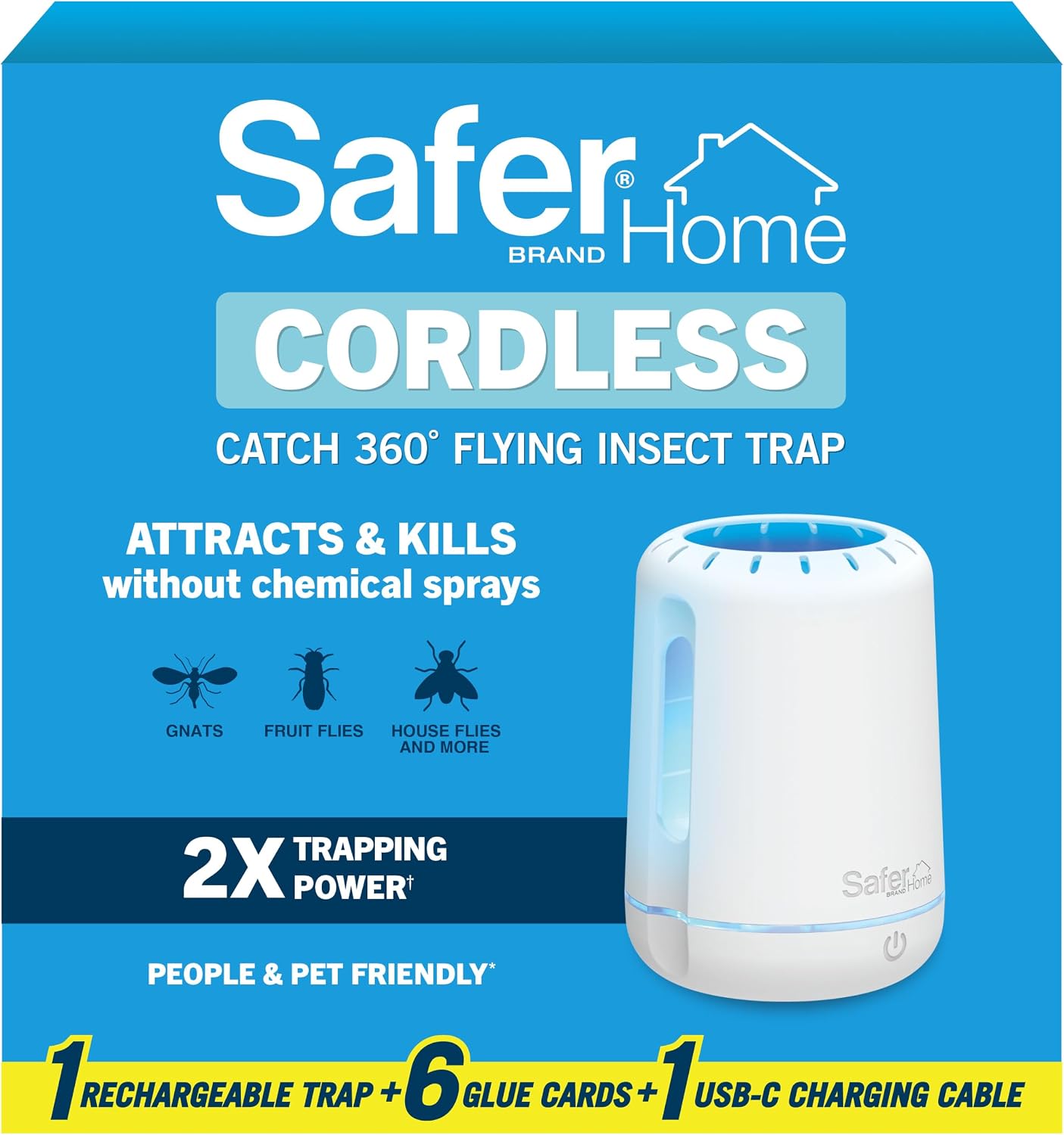 Safer Home Flying Insect Trap, Plug-In Fruit Fly Trap for Indoors, 1-Pack | Flying Insect, Moth, & Gnat Trap, Fruit Fly Killer, Fly Catcher, 24/7 Catch, Chemical-Free, 1 Trap + 2 Glue Cards, SH502