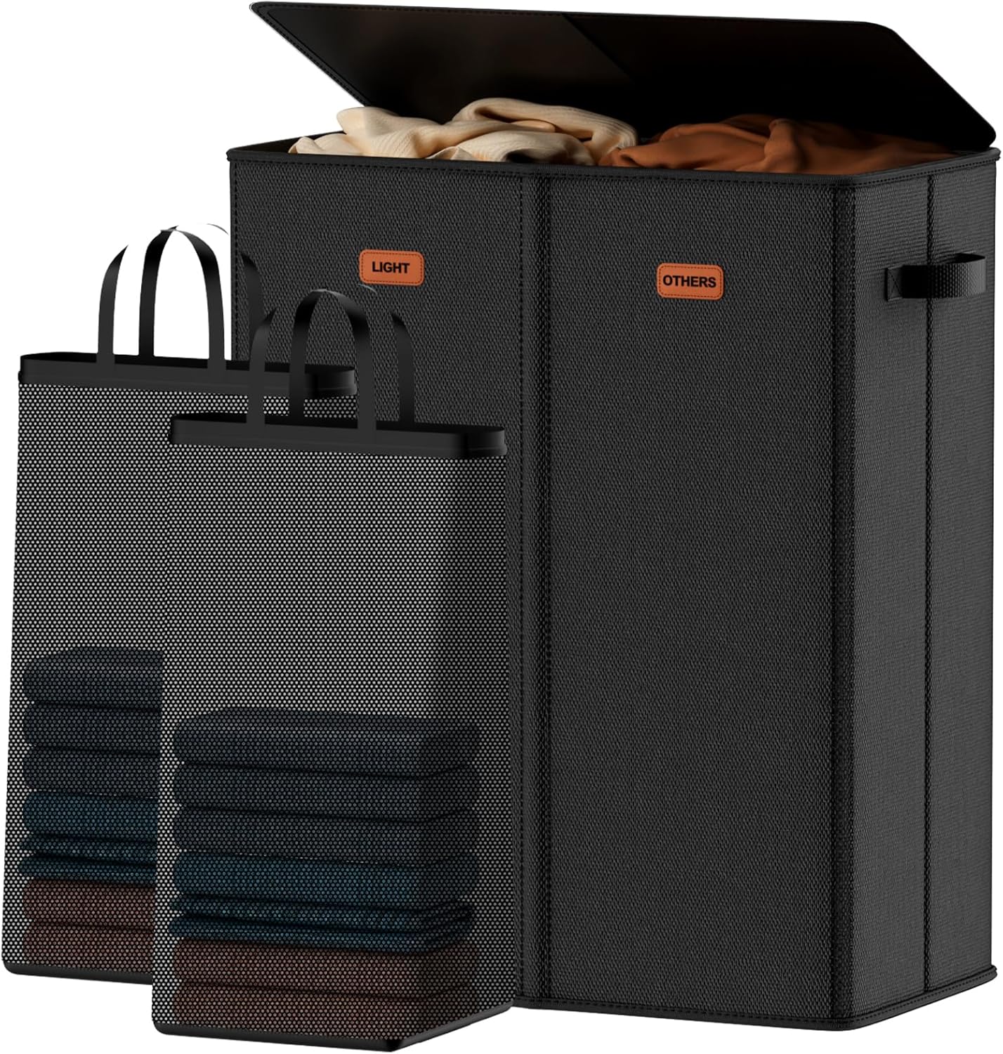 185L Laundry Hamper 3 Section, Laundry Hamper with Lid, Dirty Clothes Hamper with 3 Removable Washing Bags, Extra Large Laundry Basket Organizer for Bedroom, Laundry Room, Dorm - Black