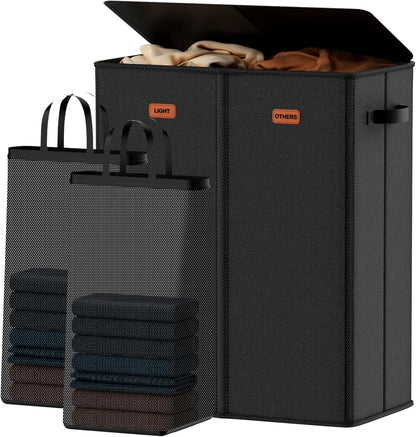 185L Laundry Hamper 3 Section, Laundry Hamper with Lid, Dirty Clothes Hamper with 3 Removable Washing Bags, Extra Large Laundry Basket Organizer for Bedroom, Laundry Room, Dorm - Black