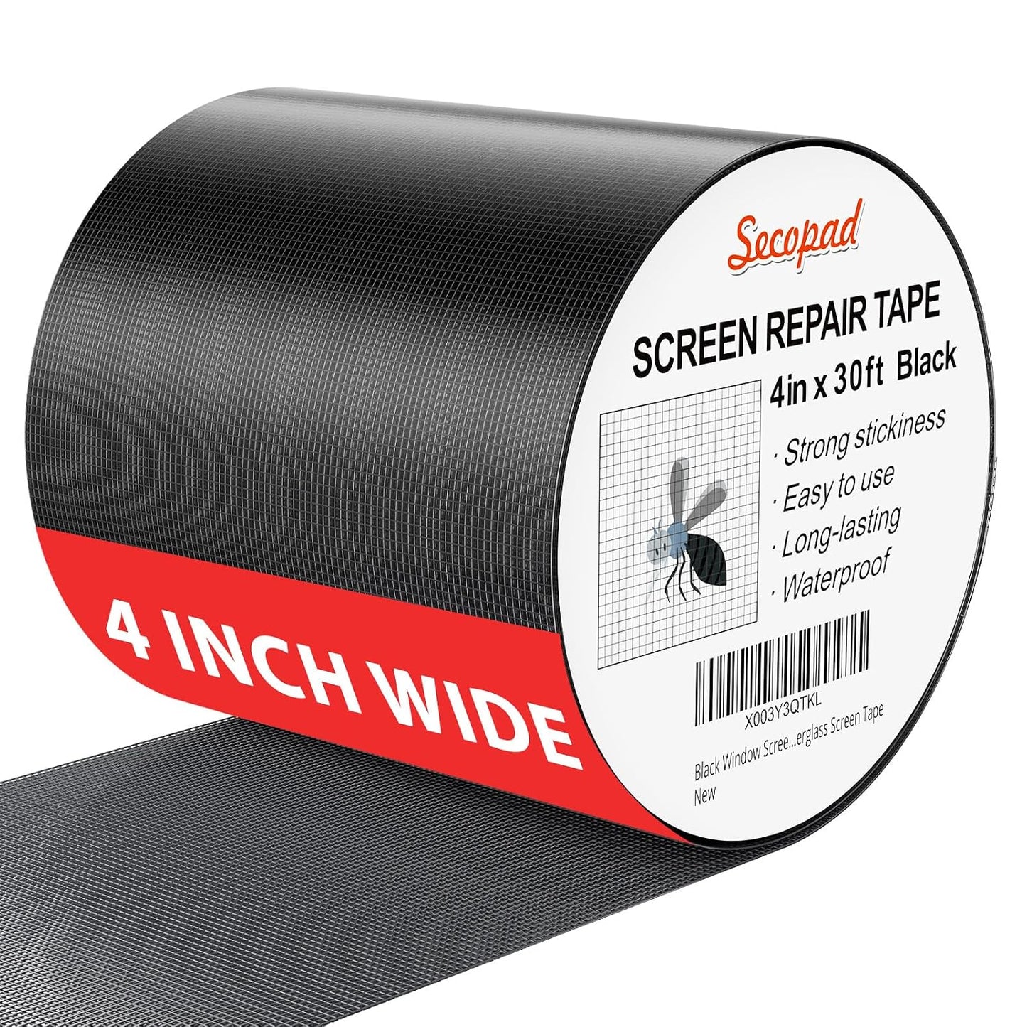 Secopad Grey Window Screen Repair Kit, 4 in X 30 FT (360IN) Screen Repair Tape for Windows or Doors, Strong Adhesive Fiberglass Mesh Patch Tape
