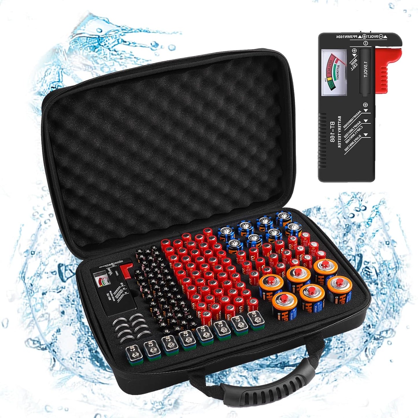 Arkeiliy Battery Organizer, Battery Organizer Storage Case with Tester BT-168, Waterproof Battery Holder Box Holds, Battery Case Organizer 60+ AA AAA C D 9V Batteries (Batteries are Not Included)