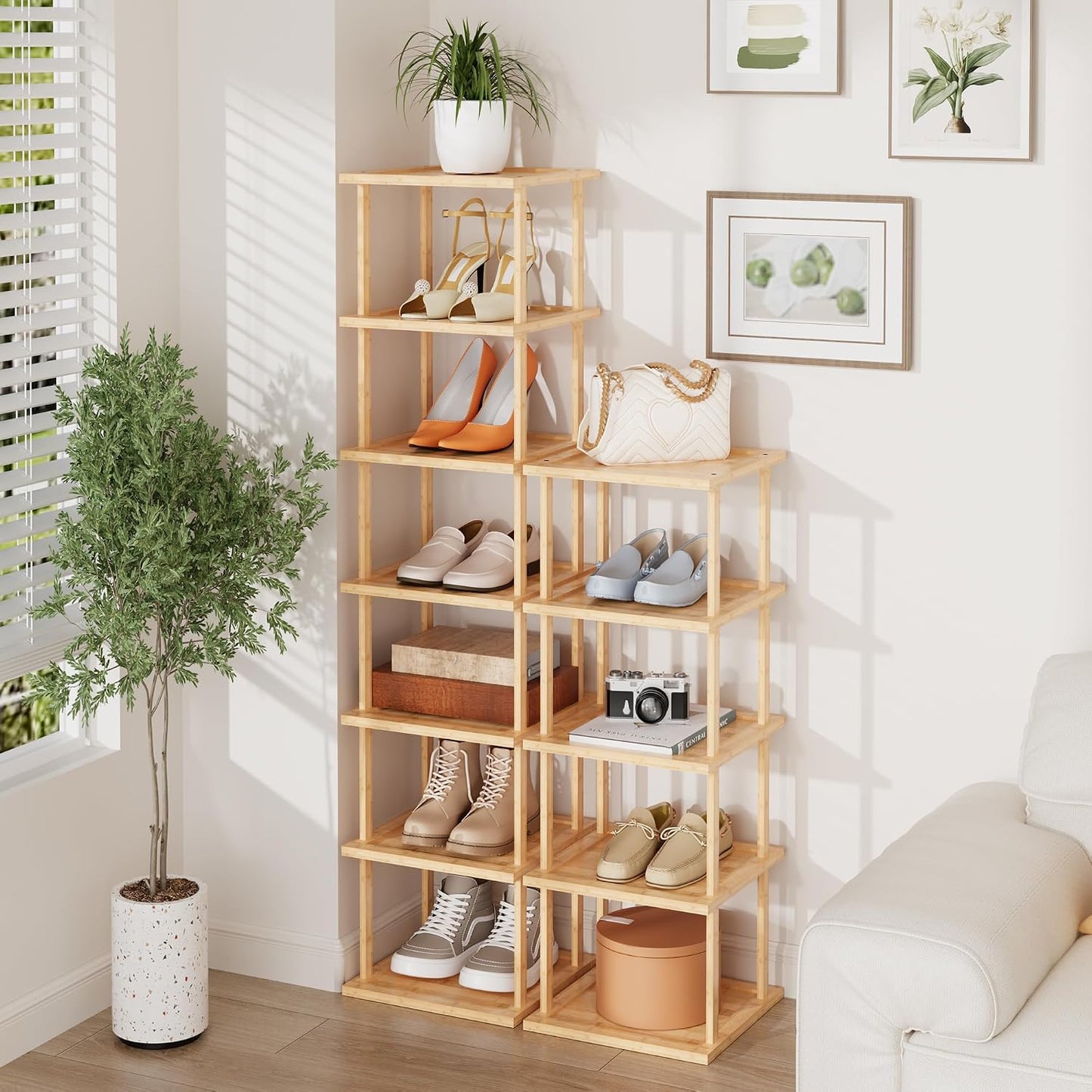 Vertical Tall Shoe Rack Organizer for Entryway -7 Tier Free Standing Slim Narrow Bamboo Wood Corner Stackable Shoe Boots Storage Stand Small Spaces for Closet Garage Cloakroom Living Room (Black)
