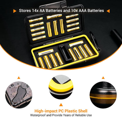 KIWIFOTOS AA AAA Battery Storage Case Holder with Detachable Battery Tester Checker, Hard Shell Battery Organizer Container for 14 Double A & 10 Triple A Battery, Water-Resistant and Shockproof