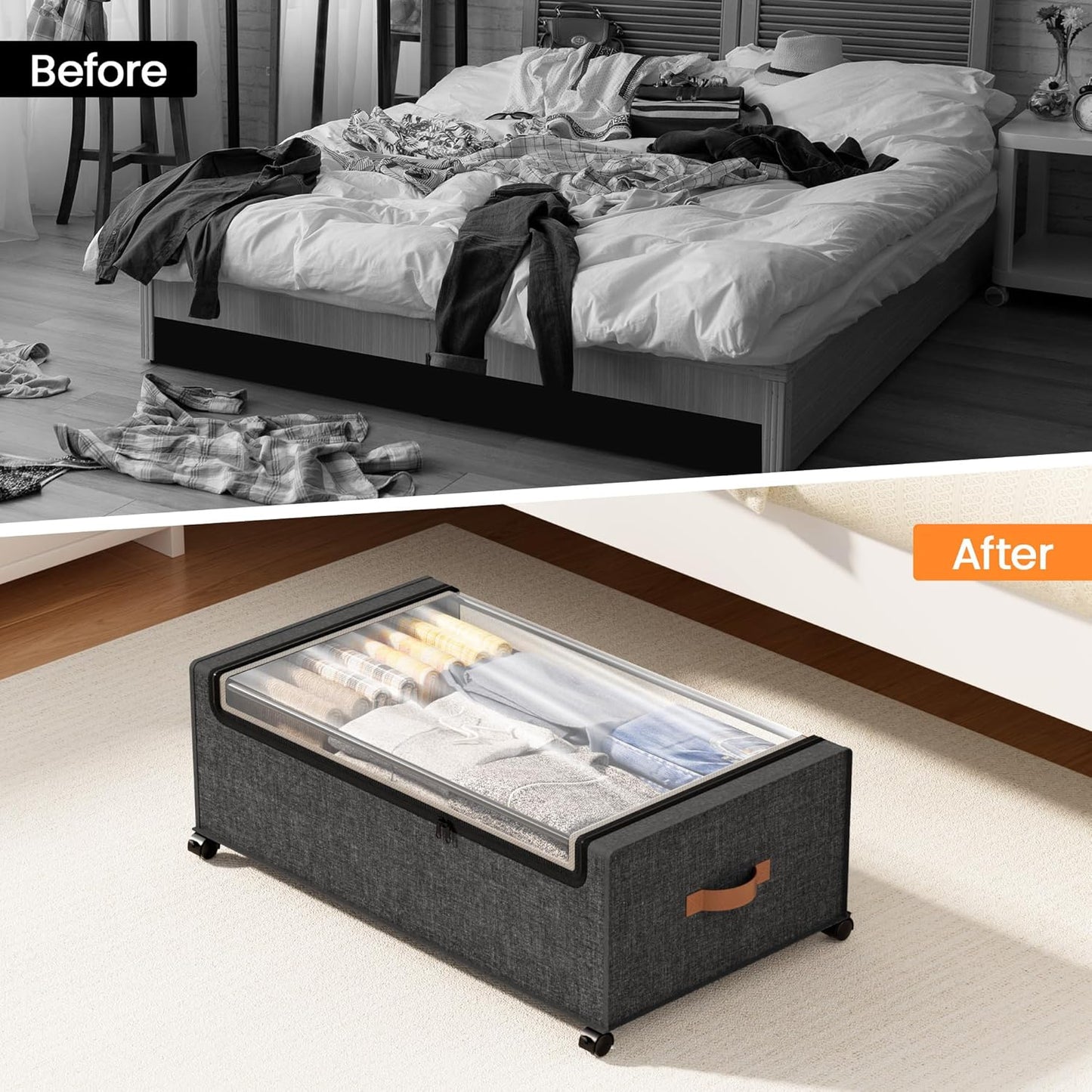 Yecaye Under Bed Storage with Wheels, 2 Pack Under Bed Storage Containers, 60L Underbed Shoe Storage with Clear Window & Label, Rolling Under Bed Metal Drawer for Clothes, Shoes, Books, Blankets