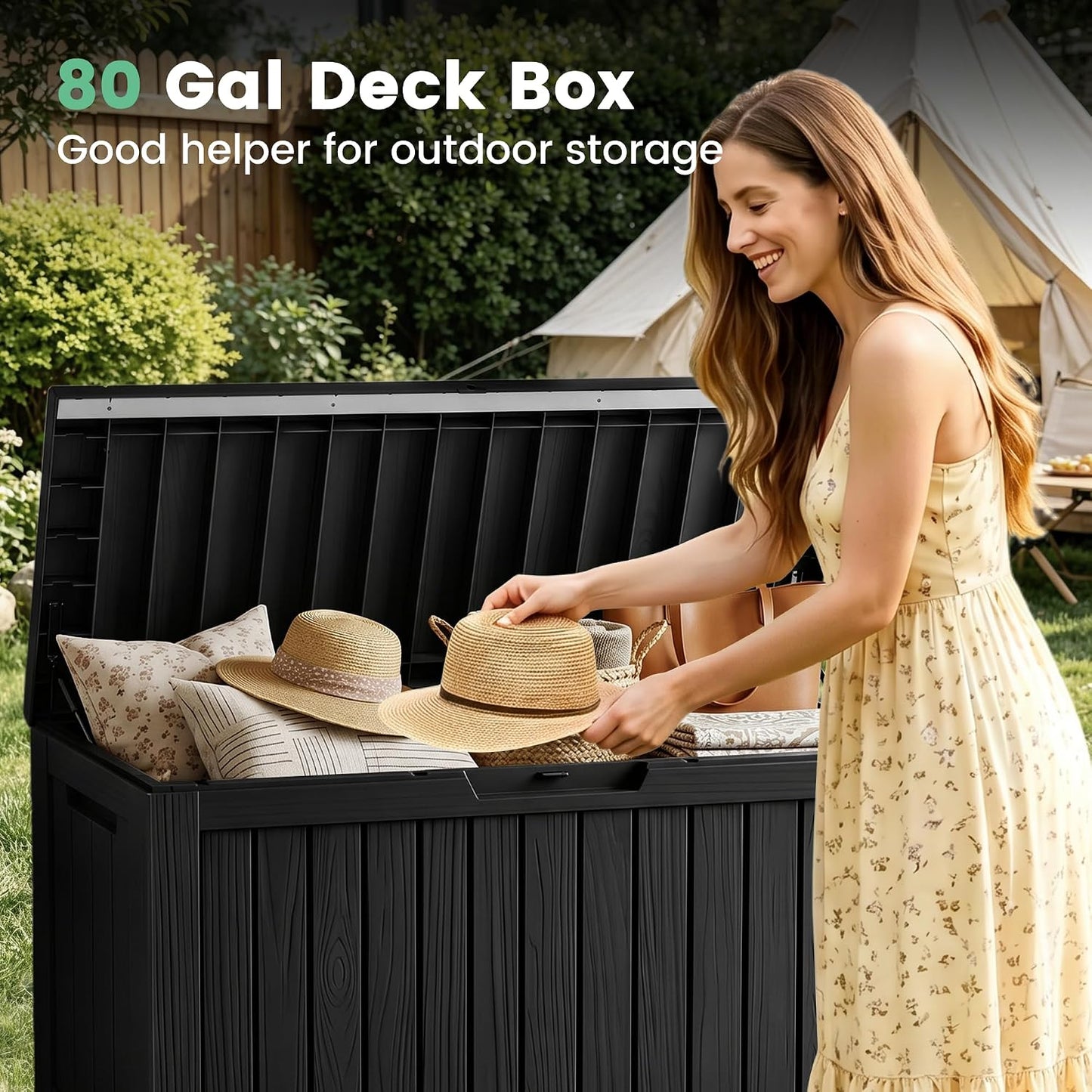 100 Gallon Storage Box, Waterproof Resin Deck Box with Hydraulic Piston Design, Lockable Storage Bench for Package Delivery, Storage Bin for Patio Cushions, Garden Tools, Black