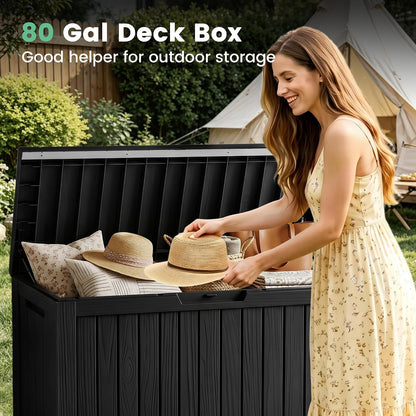 100 Gallon Storage Box, Waterproof Resin Deck Box with Hydraulic Piston Design, Lockable Storage Bench for Package Delivery, Storage Bin for Patio Cushions, Garden Tools, Black