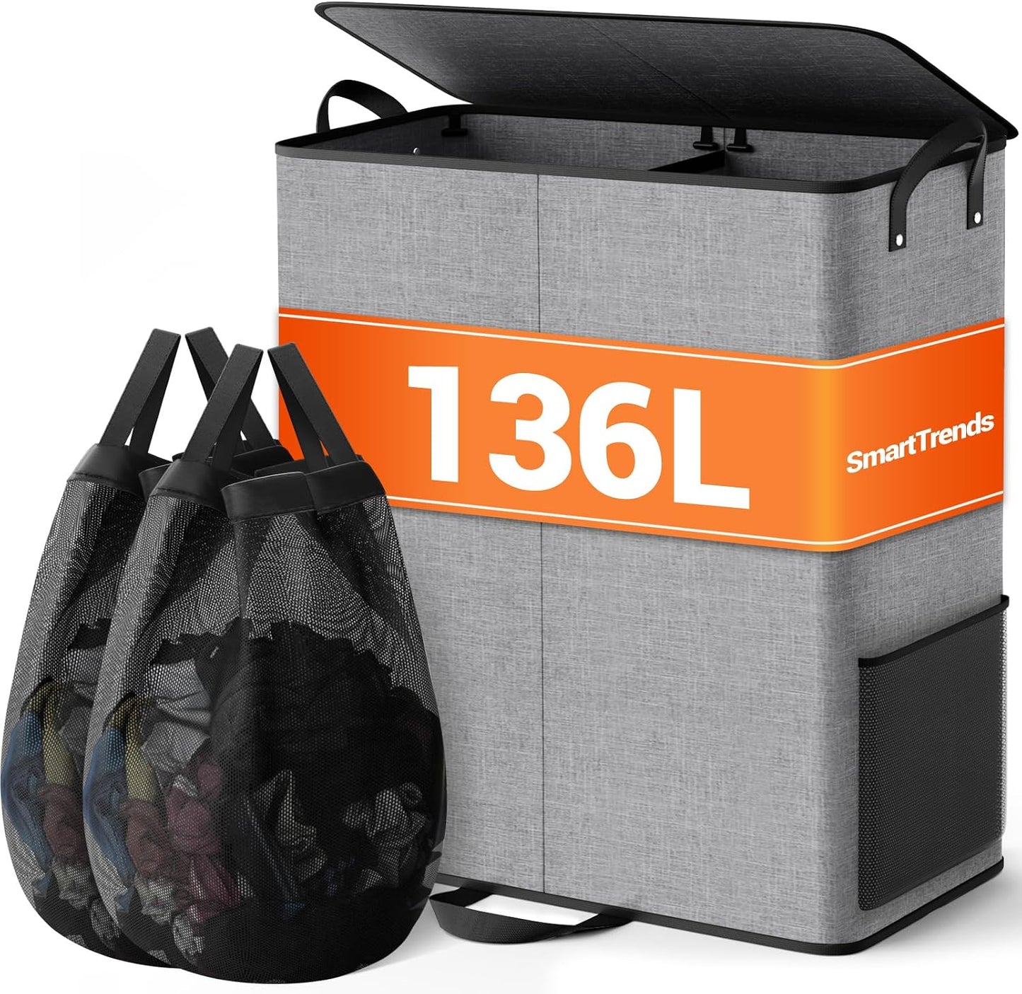 Large Double Laundry Hamper with Lid, Removable Bags & Reinforced Handles, 2 Section Tall Laundry Basket, Dirty Clothes Hampers for Laundry Room, Bedroom, Bathroom, Dorm, 136L, Gray