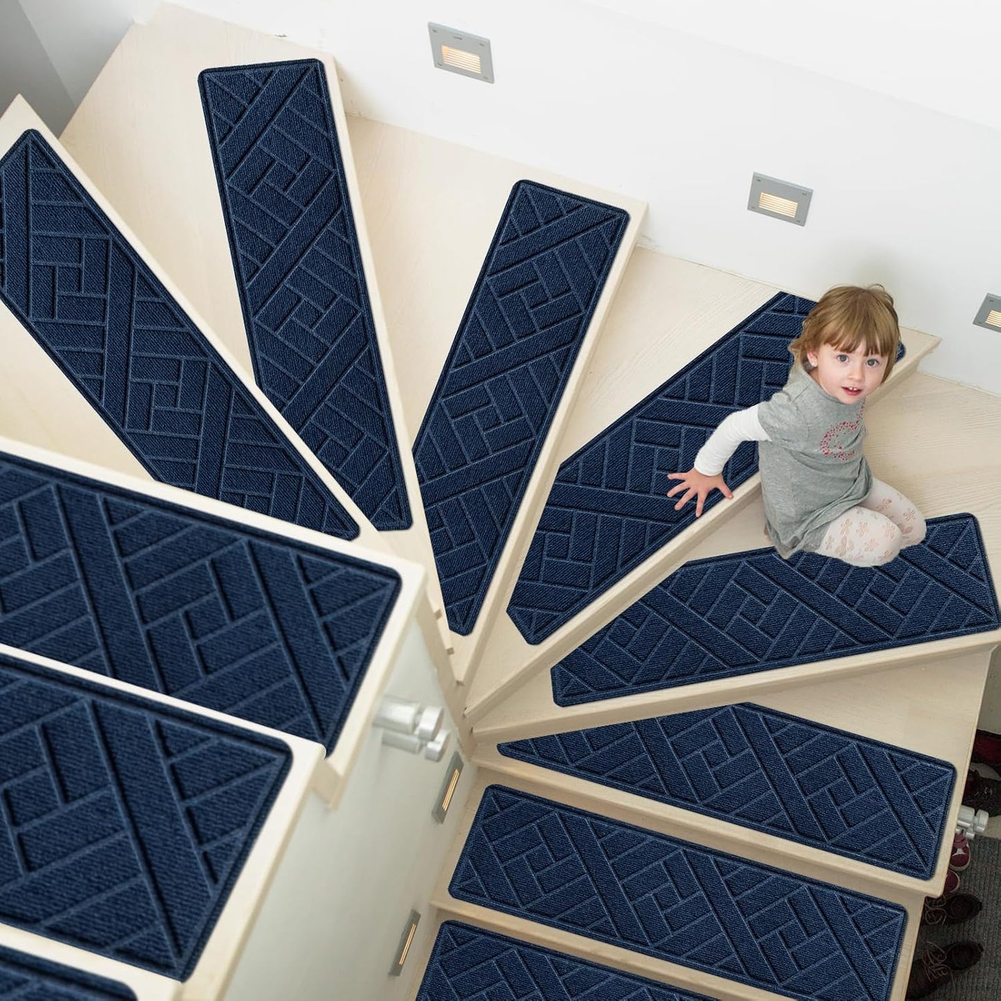 15 Pack 8 "X 30" Non-Slip Carpet Stair Treads for Indoor Wooden Steps, Made of Polyester and Reusable Adhesive, Suitable for Kids Elders and Pets（Black Lines）