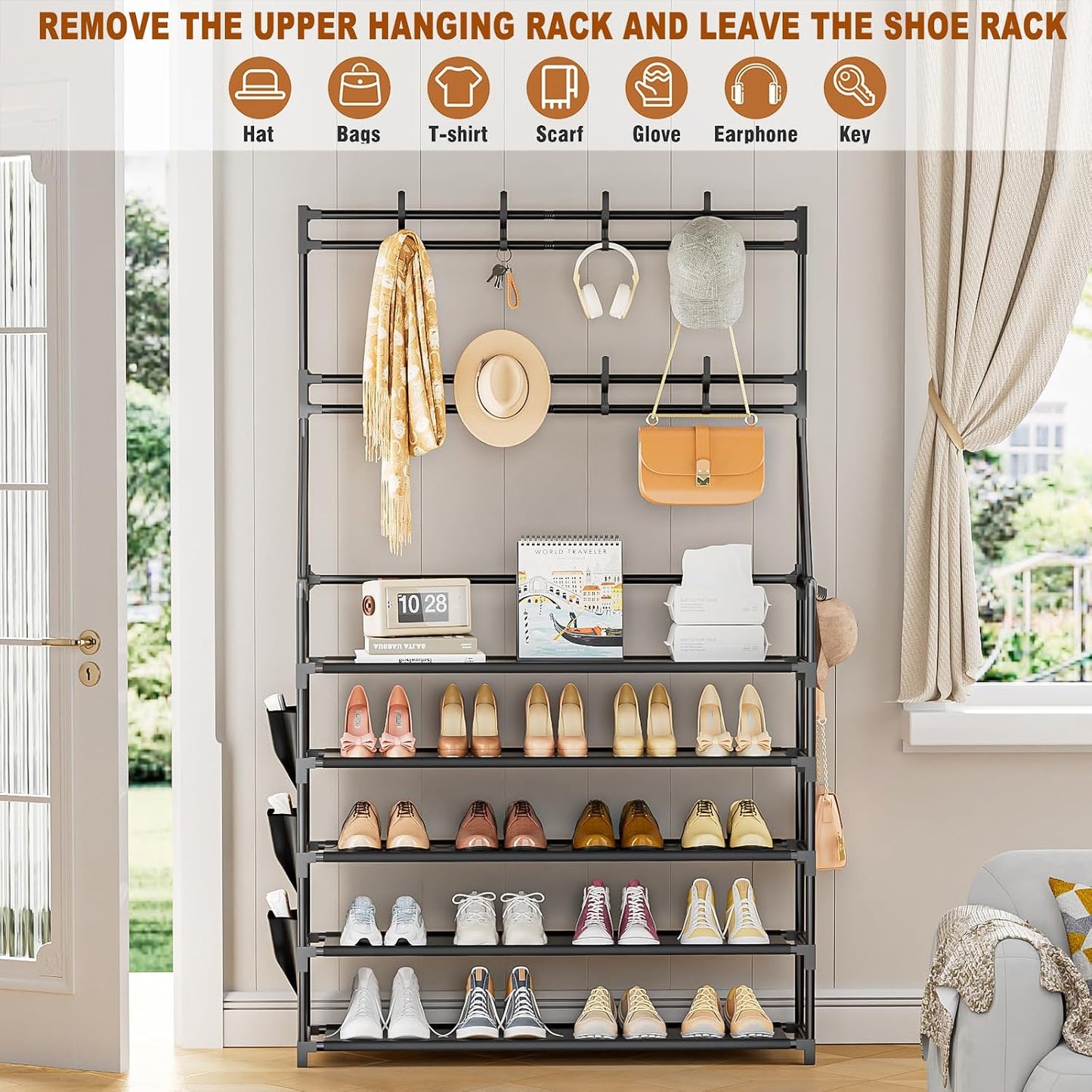 OYREL Shoe Rack, 5 Tier Shoes Storage Organizer, with Functional Hooks and Side Pocket, 20-25 Pairs, for Closet/Entrance/Entryway, Sneaker and Boot Stackable Free Standing Shoe Rack