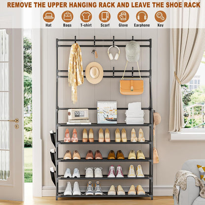 OYREL Shoe Rack, 5 Tier Shoes Storage Organizer, with Functional Hooks and Side Pocket, 20-25 Pairs, for Closet/Entrance/Entryway, Sneaker and Boot Stackable Free Standing Shoe Rack