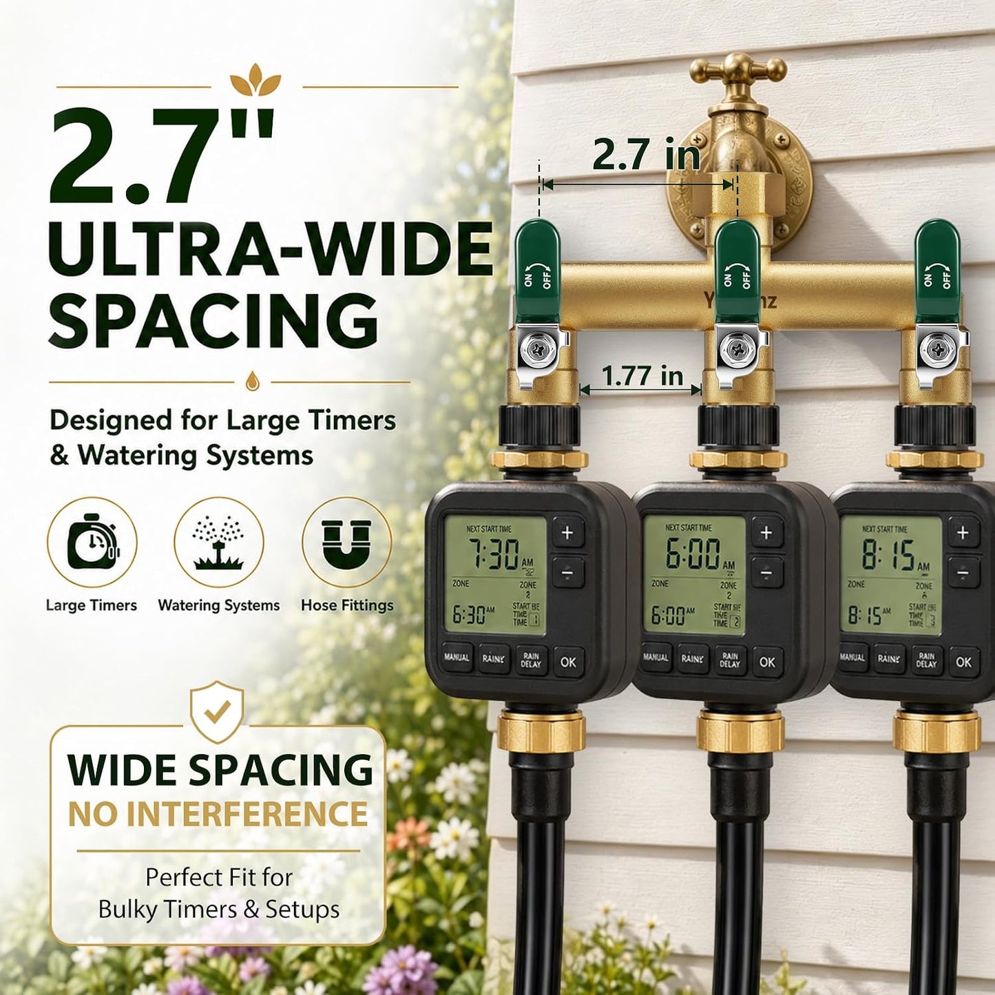 Garden Hose Splitter 3-Way, Heavy Duty Brass Hose Splitter | Outdoor Water Spigot Splitter, Full Flow, Long Handles, Shut-off Valves, Wide Spacing Fit Large Timer