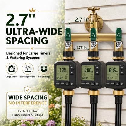 Garden Hose Splitter 3-Way, Heavy Duty Brass Hose Splitter | Outdoor Water Spigot Splitter, Full Flow, Long Handles, Shut-off Valves, Wide Spacing Fit Large Timer
