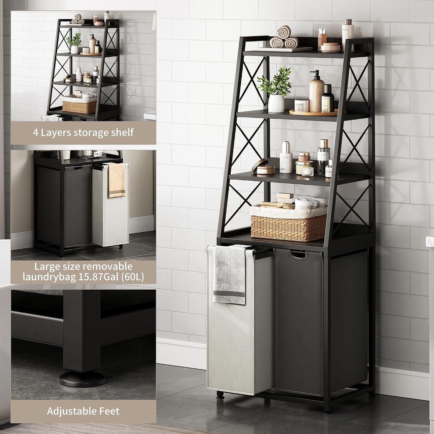 Herture Laundry Basket, 3 Section Laundry Hamper with 4 Tiers Shelf, Pull-Out and Removable Laundry Bags, Large 3 x 15.87 Gallons, for Laundry Room Bathroom Rustic Brown PF05XLN