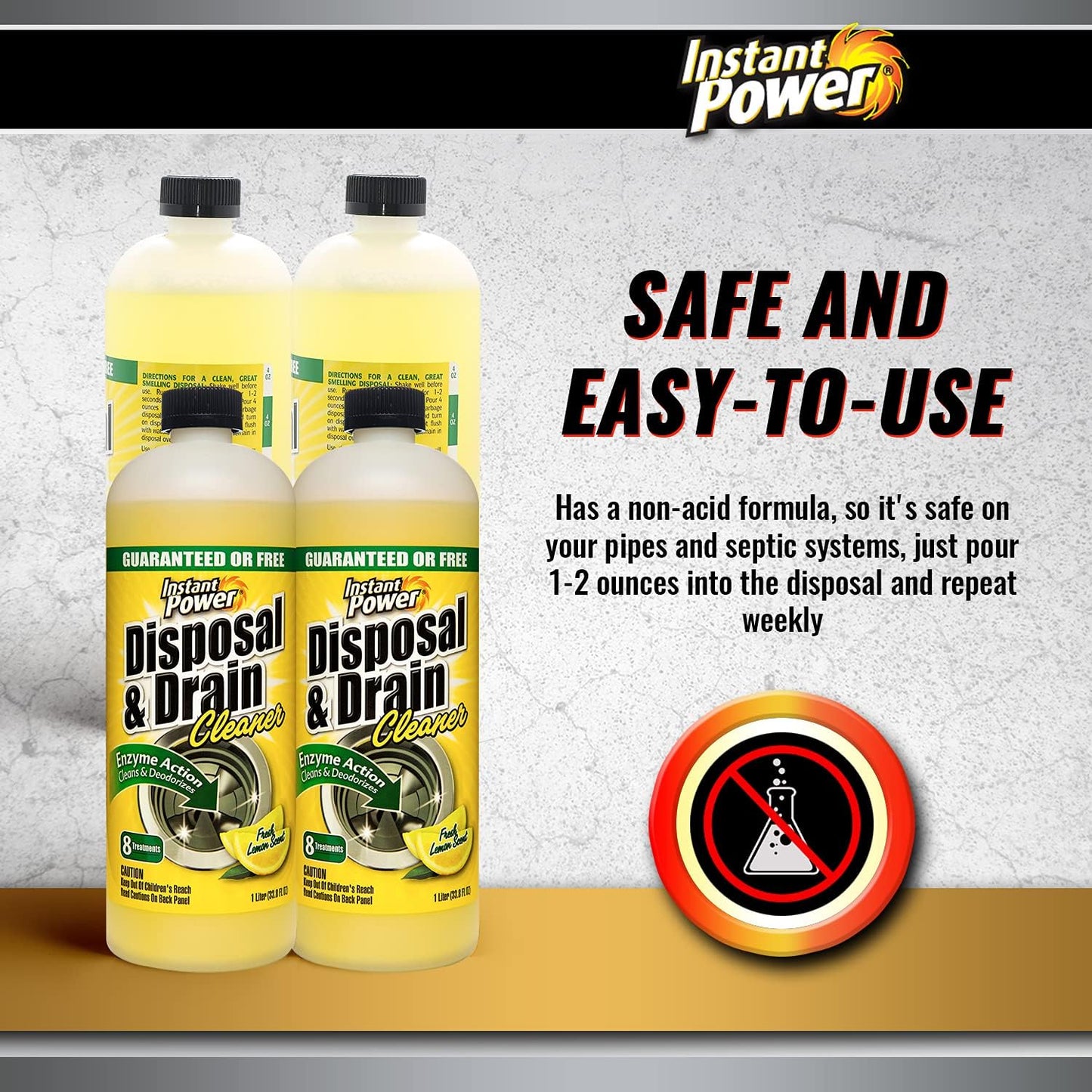 Instant Power Disposal and Drain Cleaner – Liquid Enzyme Clog Remover, Cleans and Deodorizes, Removes Drain Blockages, Fresh Lemon Scent, 33.8 Fl oz, 1 Liter