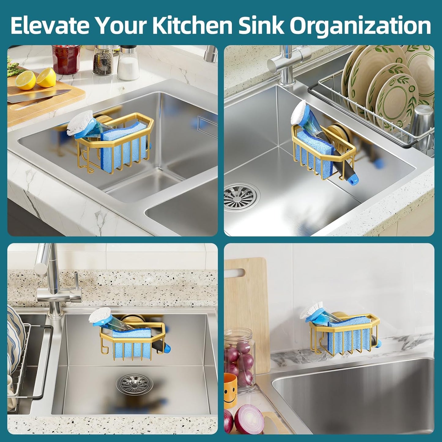 TAILI Sponge Holder with Strong Suction Cup, Dish Sponge Caddy Inside Sink Removable, Rustproof Aluminum for Sponges, Brushes, Stoppers and Scrapers - Black