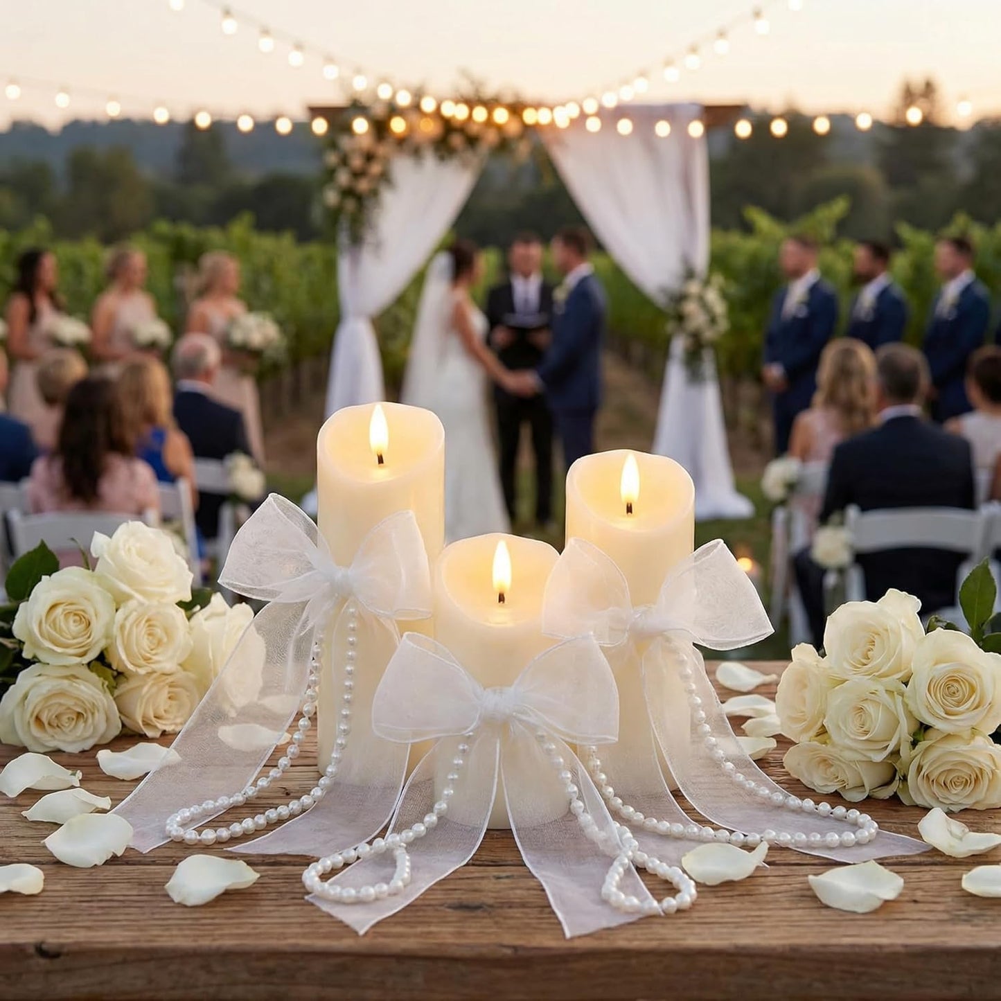 VIHOSE 3 Set/10 Pcs Pearl Bow Flameless Candles with Remote, Ivory LED Pillar Candle Set with Pearl Chain Organza Ribbon, Flameless Flickering Candles for Wedding Bridal Shower Church Decoration