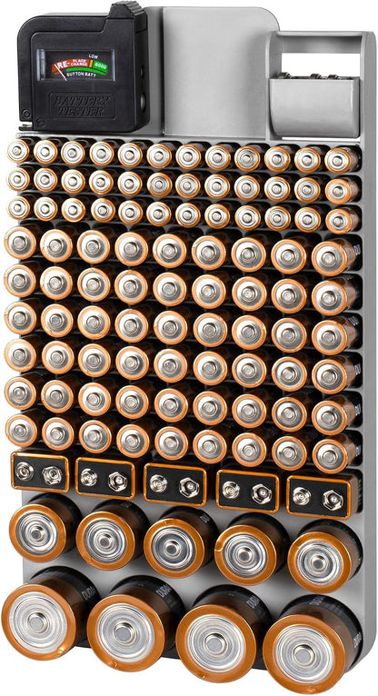 Richards Battery Organizer with Energy Tester, Holds 109 Batteries of Different Sizes for AAA, AA, 9V, C, D, and Button Battery