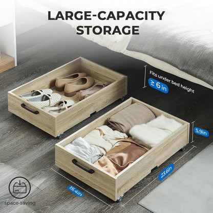 TIOPGHAD 2-Pack Under Bed Storage Drawers Organizer with Wheels, Brown | 58L total capacity, 80 lb per Drawer, Fits 6 in Bed Clearance, Rolling Drawers for Shoes, Clothes, Linens, Toys