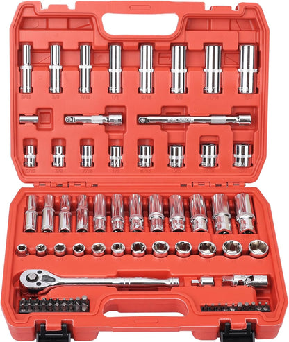 Egofine 46 Pieces 1/4 inch Drive Socket Ratchet Wrench Set, with Bit Socket Set Metric and Extension Bar for Auto Repairing and Household, with Storage Case