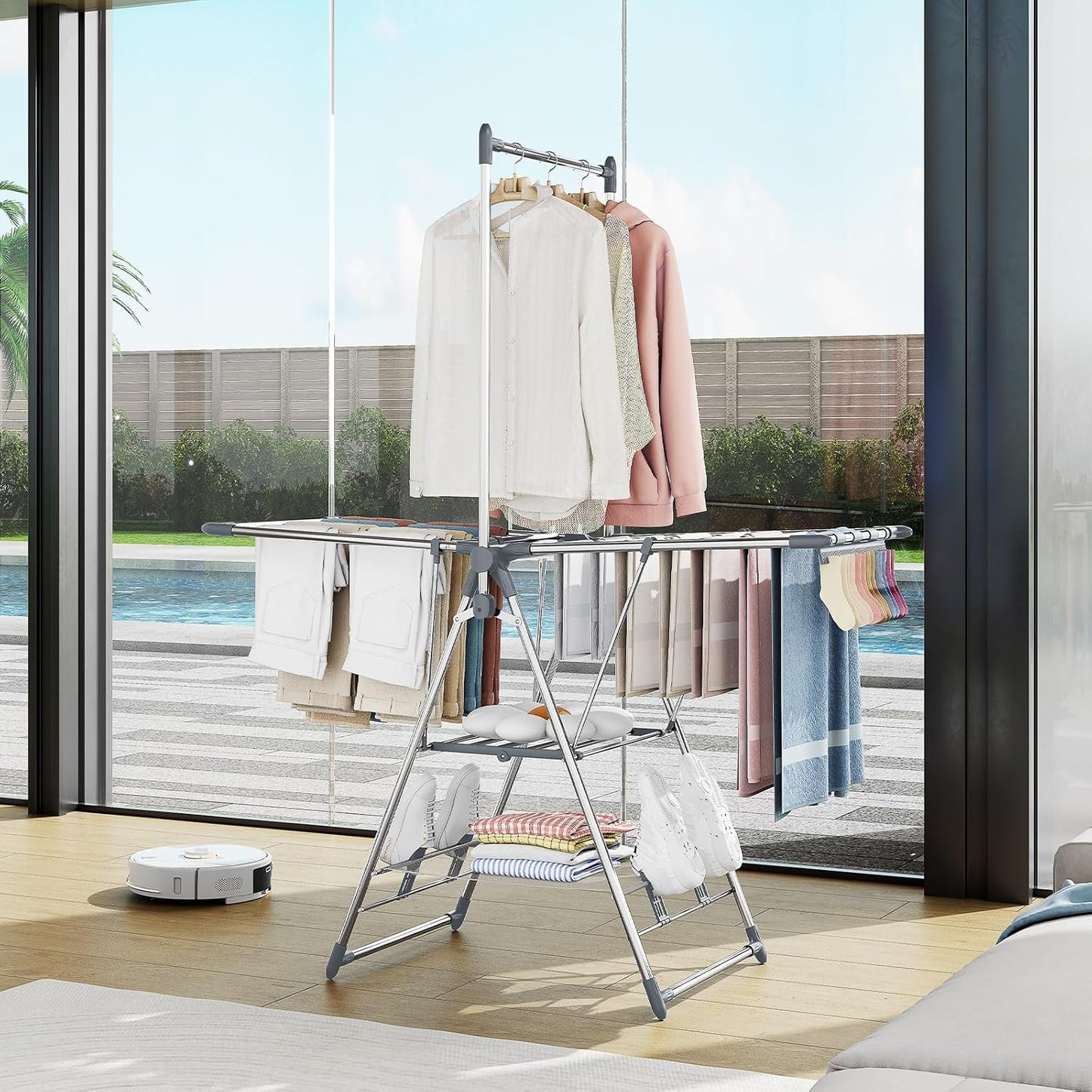 APEXCHASER Clothes Drying Rack with High Hanger, Foldable 3-Level Drying Racks with Shoe Rack, Crossbar and Vertical Rod Laundry Stand with Adjustable Wings Silver