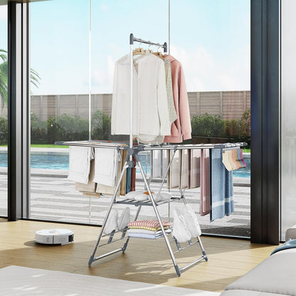 APEXCHASER Clothes Drying Rack with High Hanger, Foldable 3-Level Drying Racks with Shoe Rack, Crossbar and Vertical Rod Laundry Stand with Adjustable Wings Silver