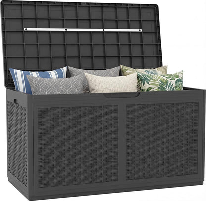 Tangkula 100 Gallon Outdoor Storage Box, Lockable Outdoor Storage Bench with 2 Smooth Wheels, Faux Rattan Surface, Waterproof Resin Deck Box for Outside Poolside Patio Garden (Brown)