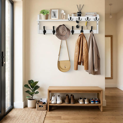 Coat Rack Wall Mount with Shelf, 27.5" Entryway Wall Hanging Shelf, Coat and Key Hanger with 10 Dual Hooks, Mail Organizer and Key Holder Hat Rack for Wall, Wood Coat Hooks with Storage