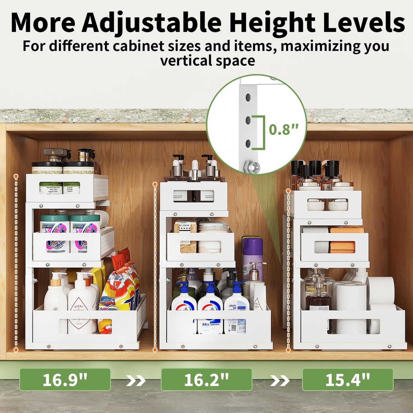 3-Tier Under Sink Organizer,2 Pack Height Adjustable Pull Out Cabinet Organizer Shelf, Thickened Metal Slide out Storage Drawer Rack for Bathroom Laundry Room Kitchen Pantry Organization (White)