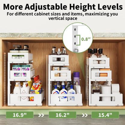 3-Tier Under Sink Organizer,2 Pack Height Adjustable Pull Out Cabinet Organizer Shelf, Thickened Metal Slide out Storage Drawer Rack for Bathroom Laundry Room Kitchen Pantry Organization (White)