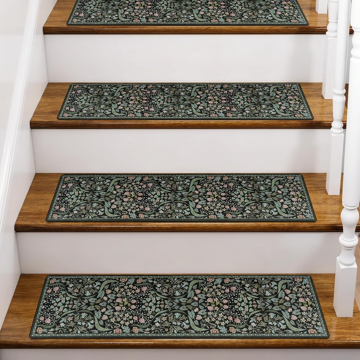 OJIA Floral Stair Treads Non-Slip Stair Runner for Wooden Steps Indoor 15PCS 30"x8" Carpet Stair Treads Stair Mats Staircase Step Treads for Kids, Elders and Dogs, Stair Covers, Black
