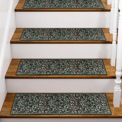 OJIA Floral Stair Treads Non-Slip Stair Runner for Wooden Steps Indoor 15PCS 30"x8" Carpet Stair Treads Stair Mats Staircase Step Treads for Kids, Elders and Dogs, Stair Covers, Black