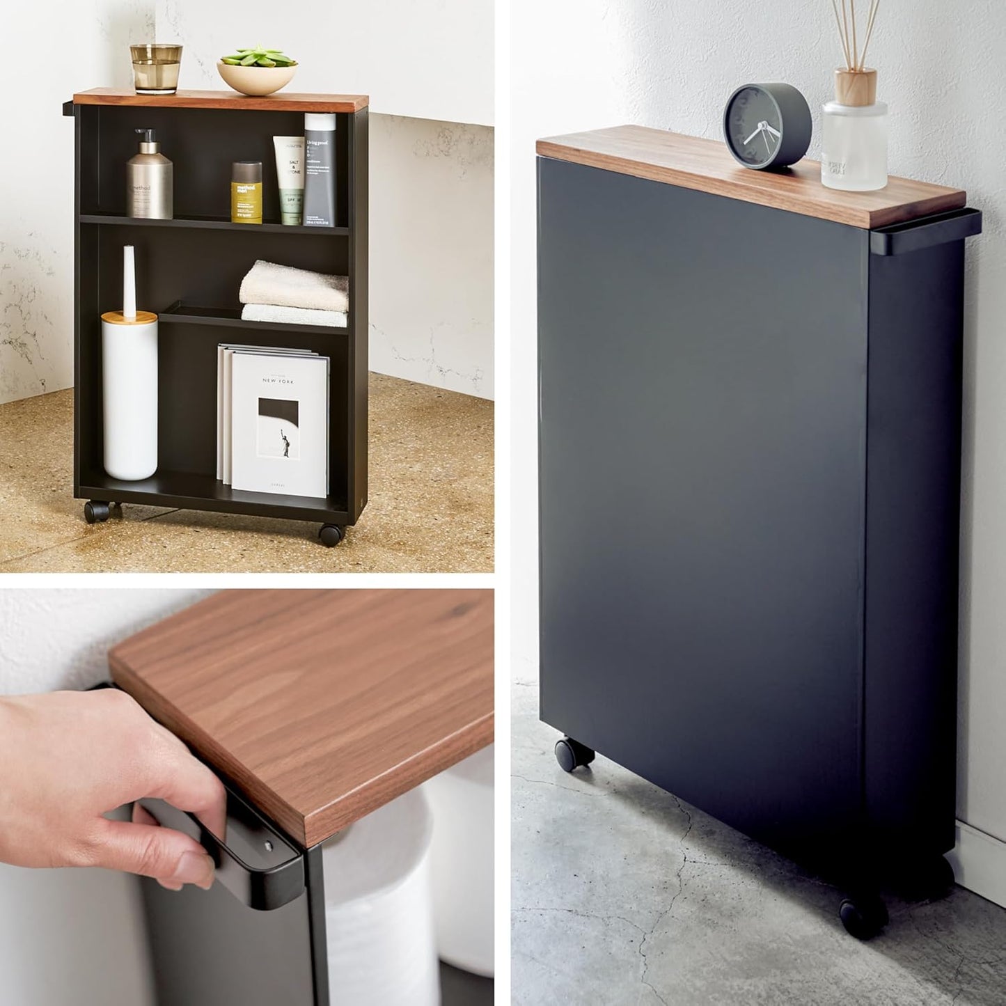 Yamazaki Home Slim Rolling Storage Cart – Narrow Bathroom Storage Cabinet With Handle, Slim Bathroom Storage Cart With Wheels, Easy Assembly, Steel + Wood, White, 27" - Steel -
