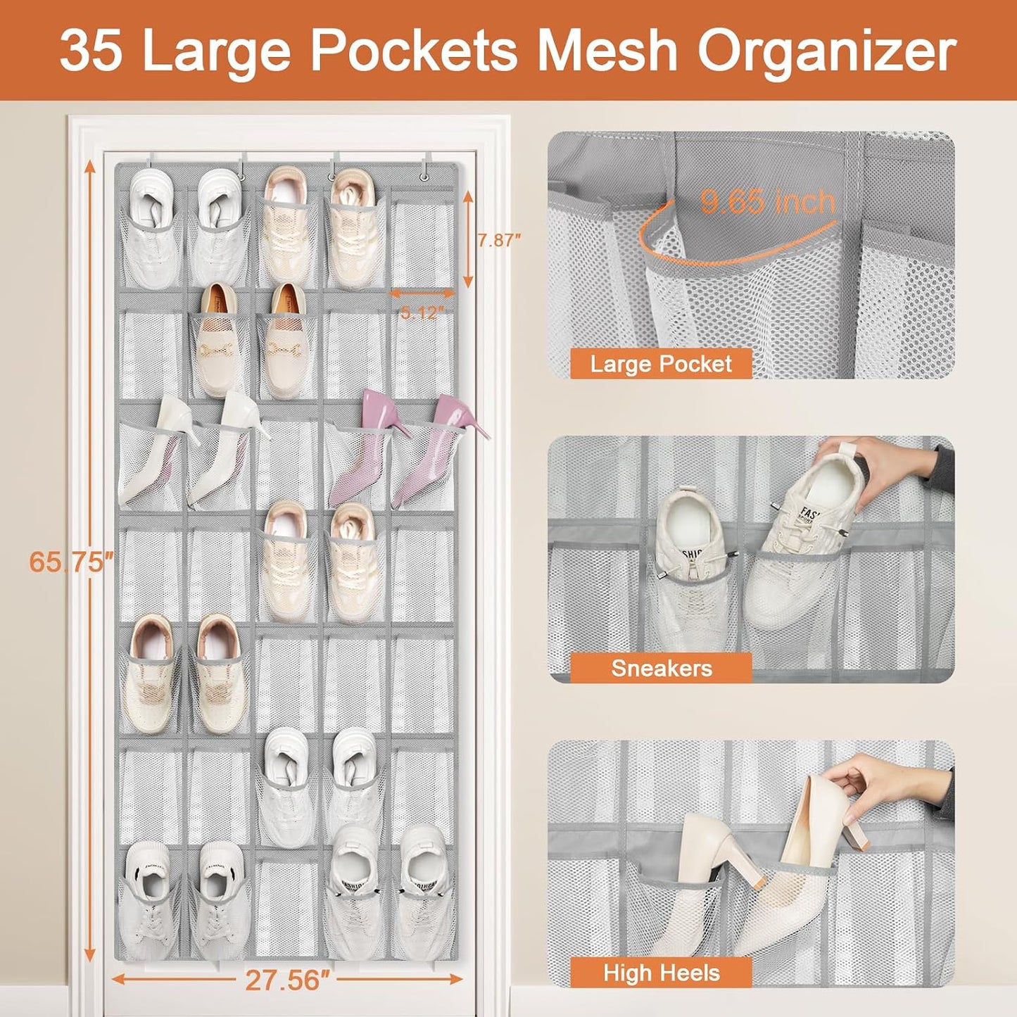 FENTEC 40 Large Pockets Over The Door Shoe Organizer, Mesh Hanging Shoe Organizer Shoe Rack for Closet Mesh Closet Shoe Holder, Over Door Organizer, Shoe Organizer for Wall, Grey, 1 Pack