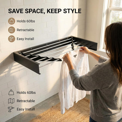 HILLHOUSE Wall Mounted Drying Rack 40 Inch Foldable, Heavy Duty 60 lb Capacity Clothes Airer with Wall Template, Collapsible Space Saver for Bathroom Laundry, 6 Aluminum Alloy Tubes, Black