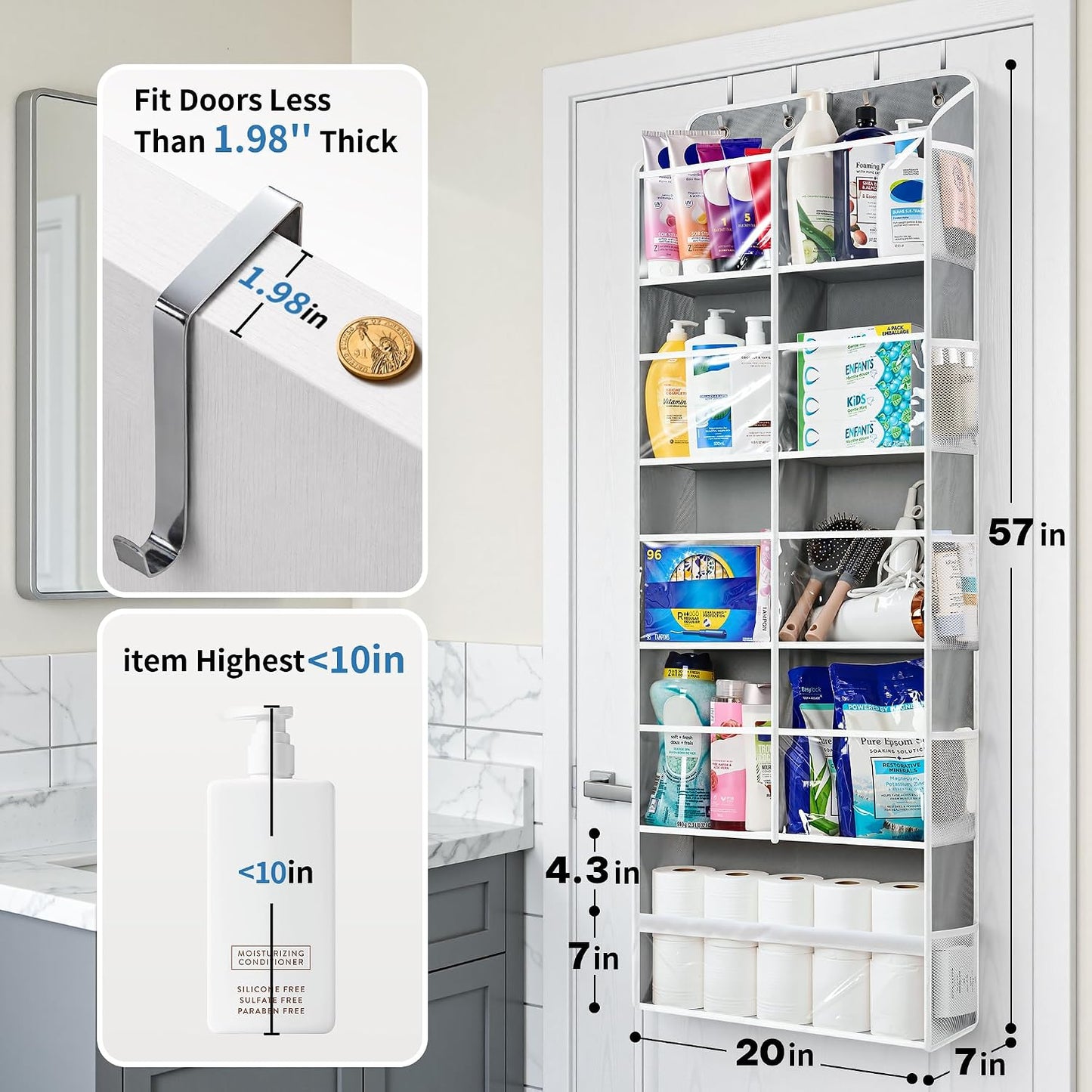 JARLINK 2 Pack Over the Door Organizer Storage, 5 Shelf Hanging Door Organizer with 5 Large Capacity Pockets, Anti Tilt 44 lb Load Behind Door Storage for Bedroom, Bathroom, Pantry, Nursery, (Grey)