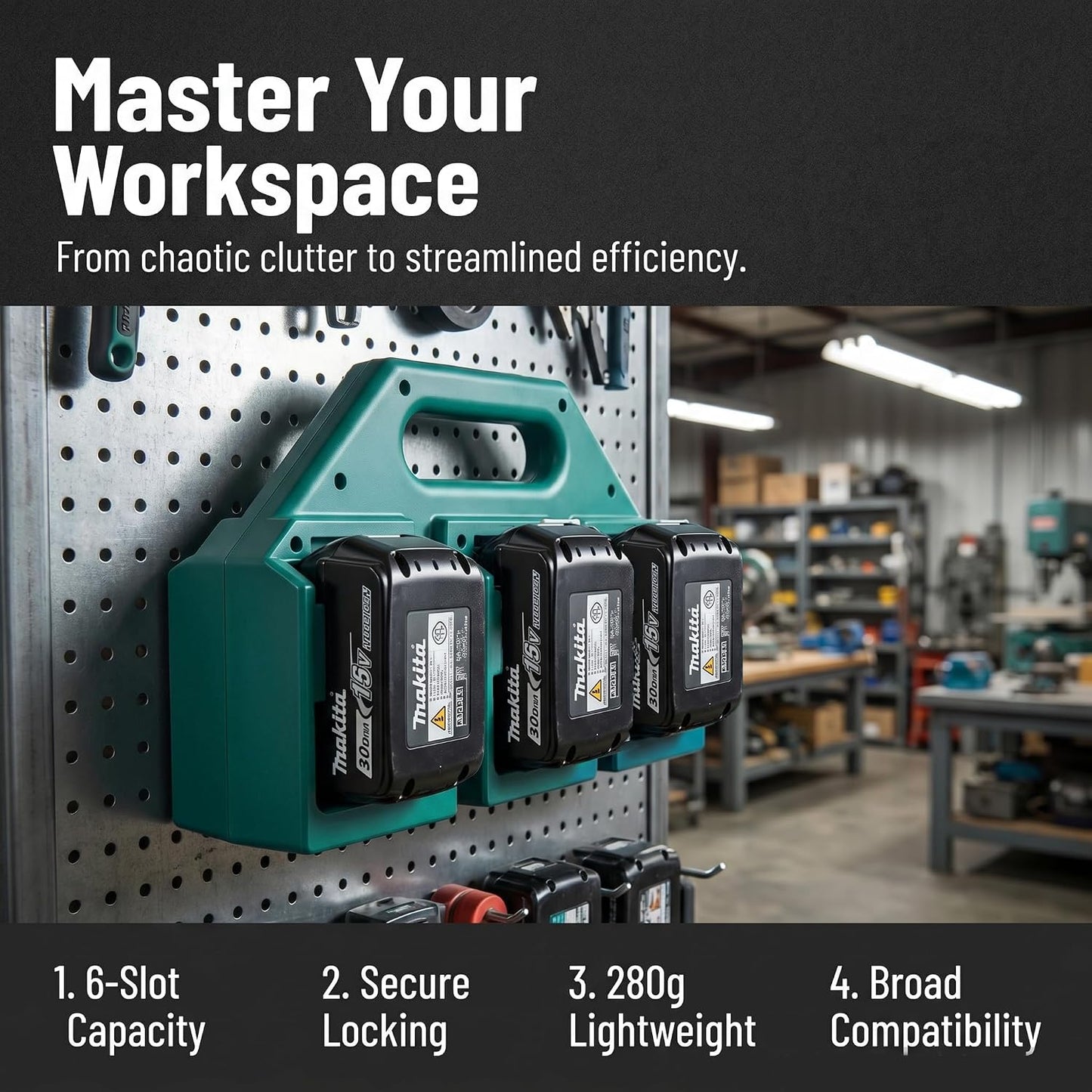 6-Slot Battery Carrying Holder for Makita 18V & 14.4V, Batteries Tool Case Storage Organizer Rack for Makita, Portable and Rugged Battery Caddy with Handle for Jobsite and Mount Bag Use