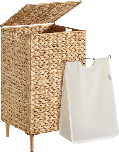 SONGMICS Laundry Hamper 3 Sections, 47.5 Gal. (180 L) Handwoven Water Hyacinth Wicker Laundry Basket with Lid, Natural Material, Removable Machine Washable Liners, Handles, Natural ULCB203Y01