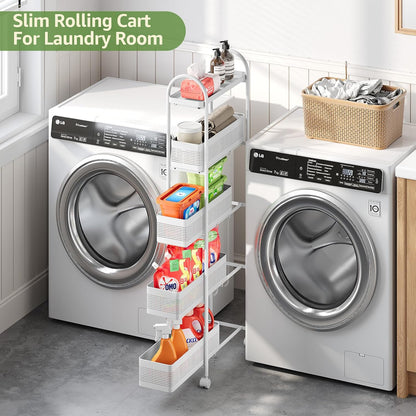 KINGRACK Slim Storage Cart with Drawer, 5-Tier Rolling Utility Cart on Wheels, Narrow Metal Cart for Space Save, Easy Assembly for Kitchen Cart, Craft Cart, Laundry, Bathroom, Nursery Organizer