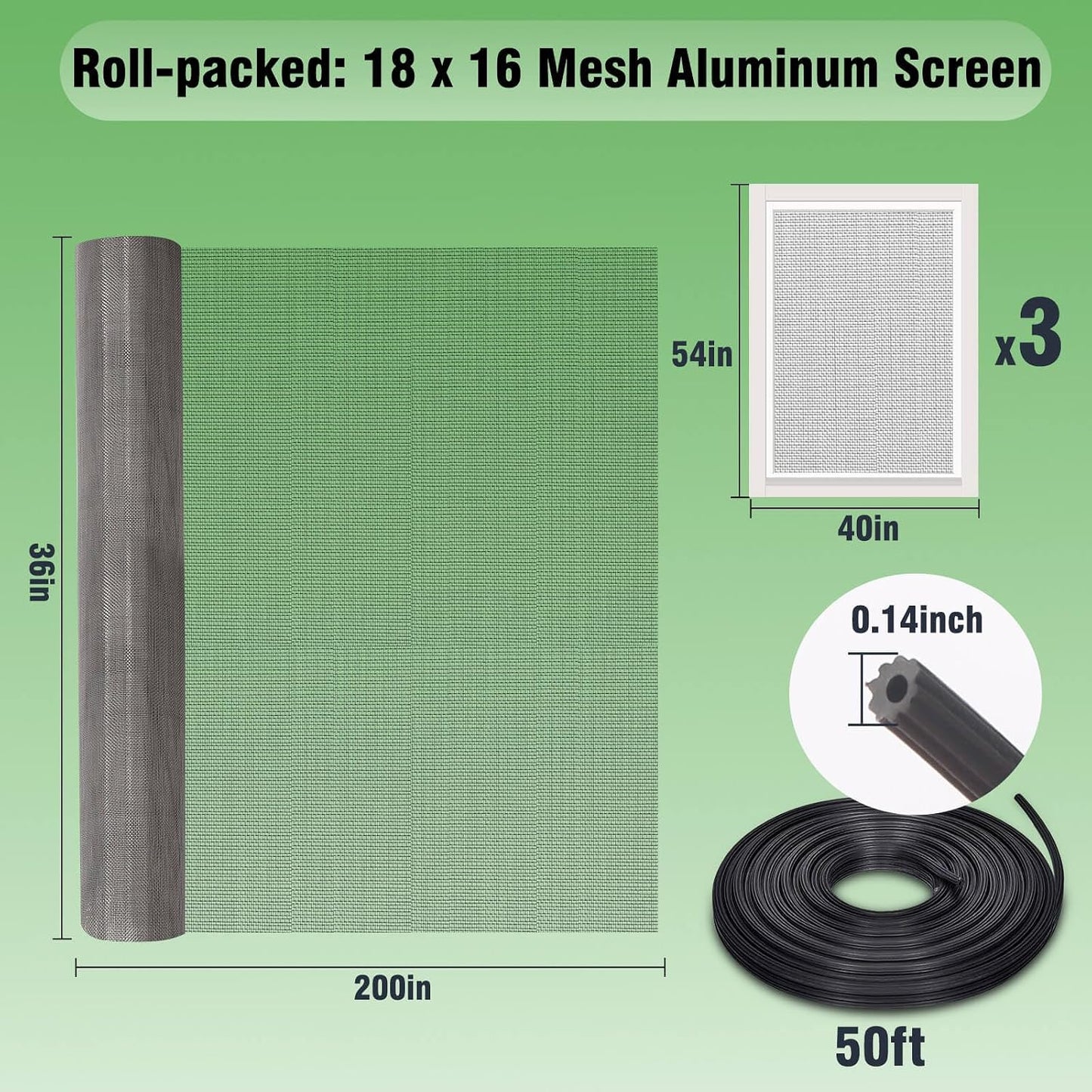 Aluminum Screen Roll with Spline & Rolling Tool – Pet-Resistant Durable Aluminum Window Screen, Screen Repair Kit for Rescreening Windows and Doors